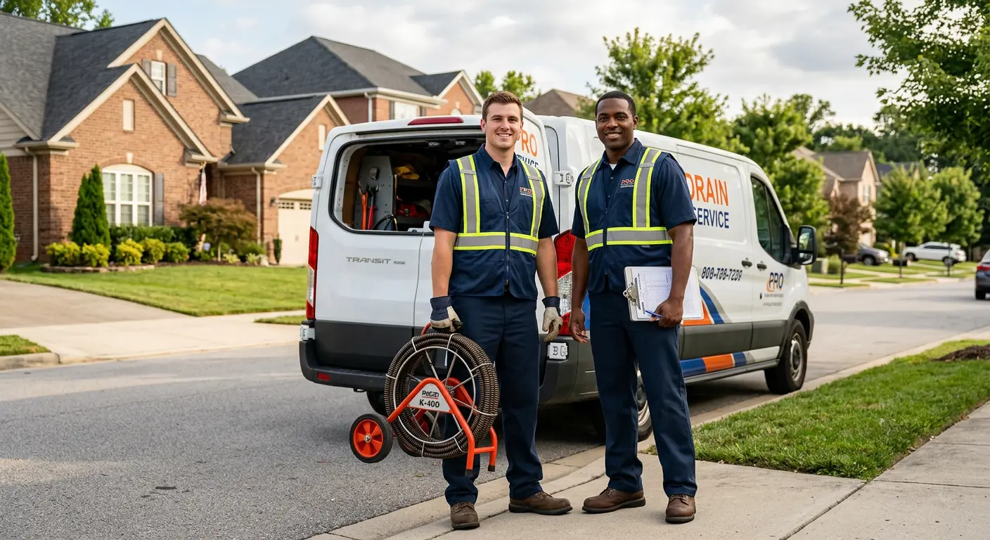 Sewer and drain service team with equipment ready for work in Satsuma