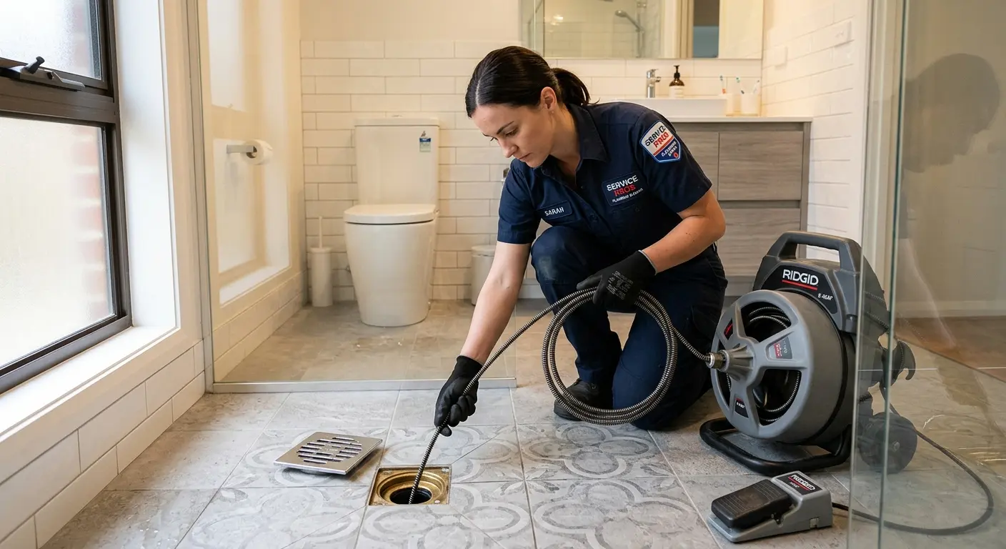 Technician clearing a bathroom floor drain for Hydro Jetting in Satsuma